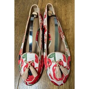 Coach Malika Sateen Tassel Flat Red Poppy Pattern Sz 9.5 Leather Lined